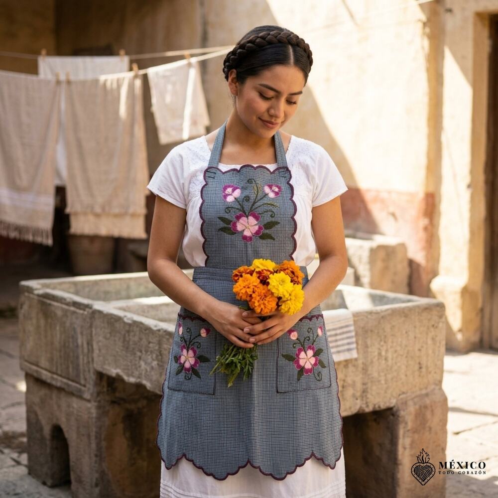 Mexican Embroidered Bib Apron for Women – Multicolor with Floral Design